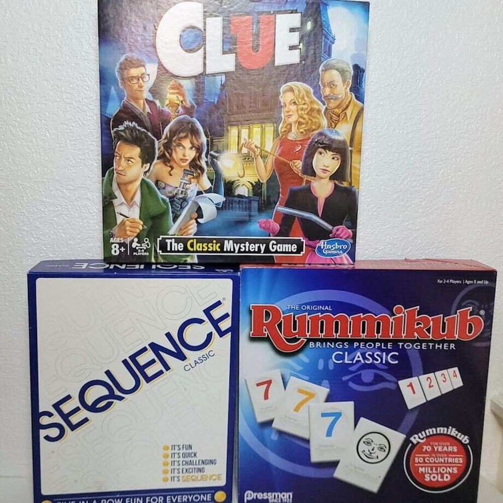 Classic Board Game Bundled Lot - Strategy Games - Clue, Sequence, Rummikub